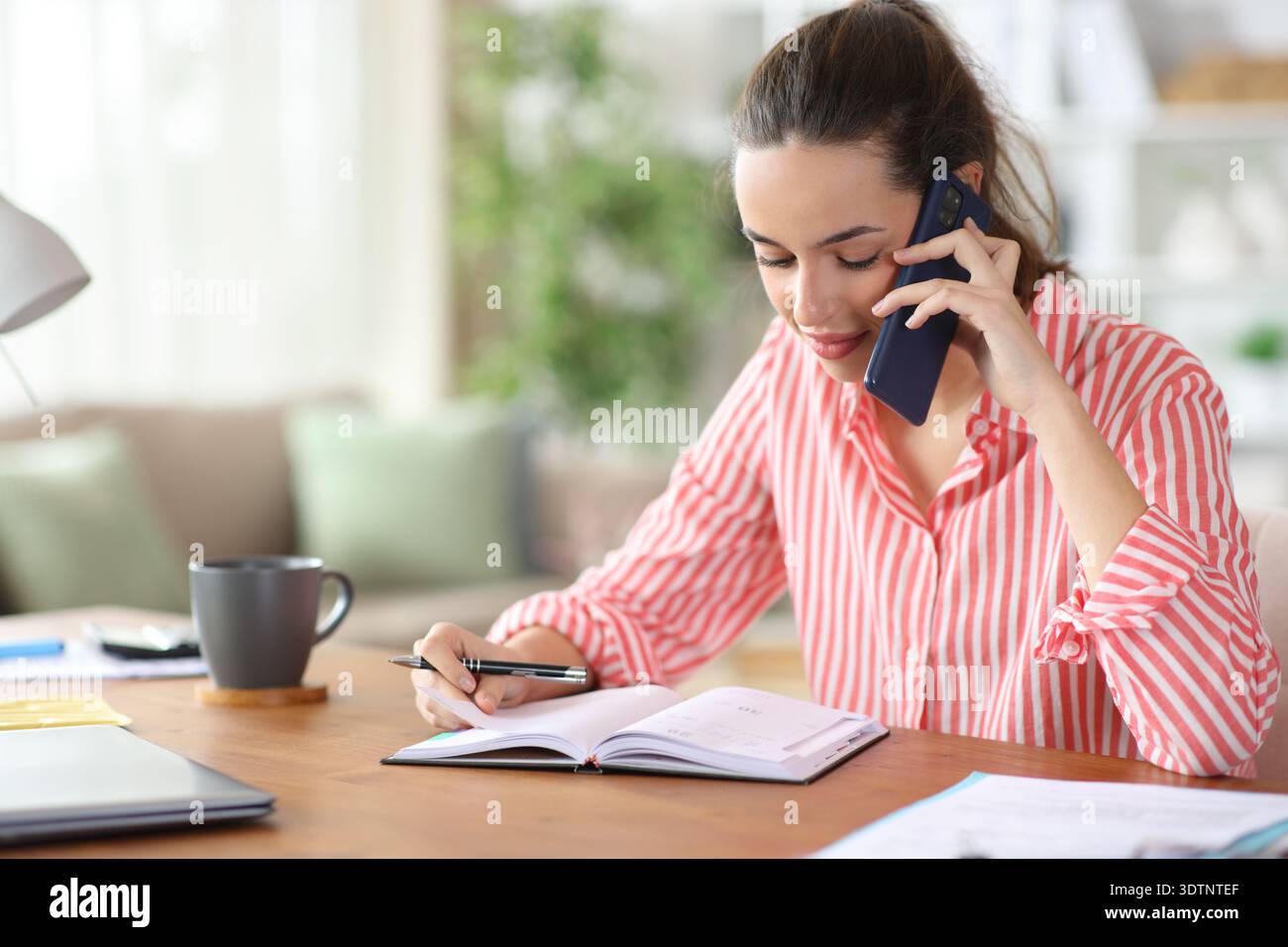 Self employed consulting agenda calling on phone working at home Stock Photo