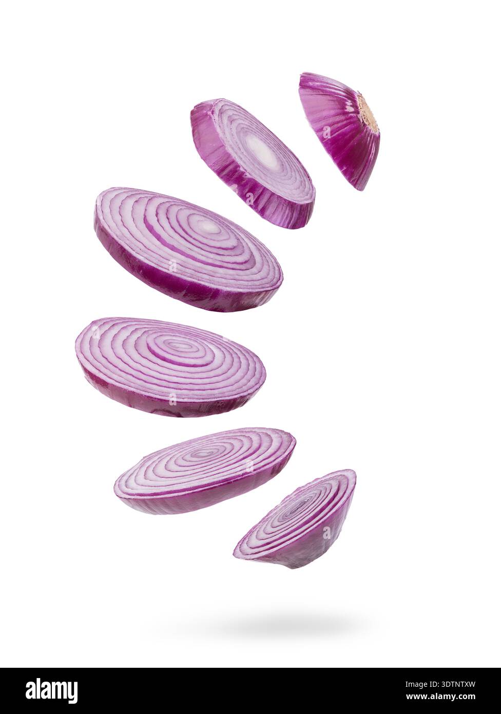 Sliced and falling red onion isolated on white background Stock Photo