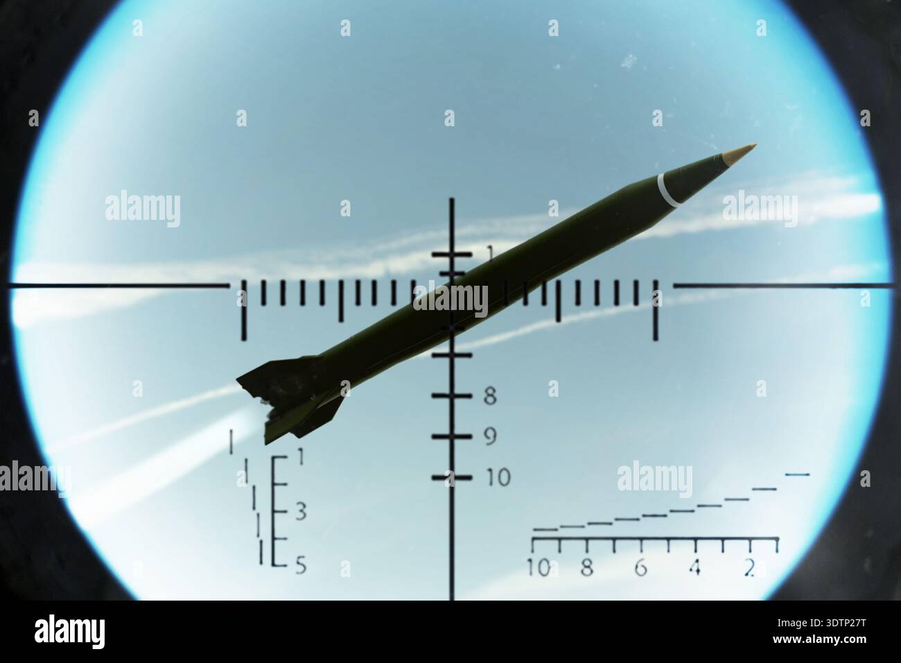 Military Interception Military missile in the sky captured by air defense sight reticle ...