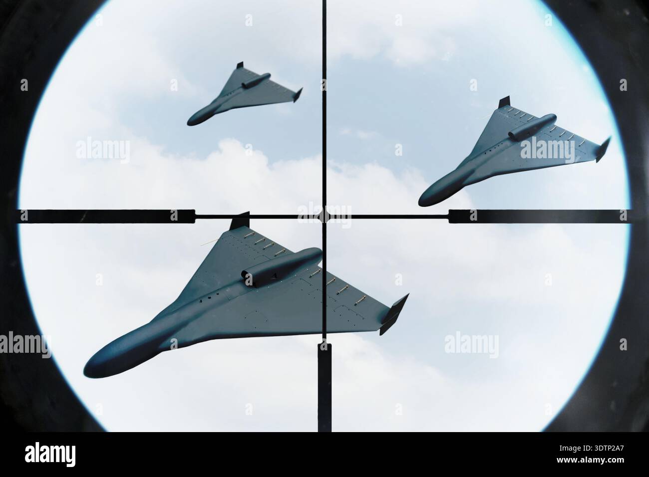 Multiple drones flying in sky tracked by air defense sight. Stock Photo