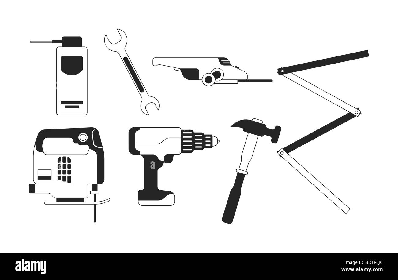 Construction tools 2D line objects set Stock Vector