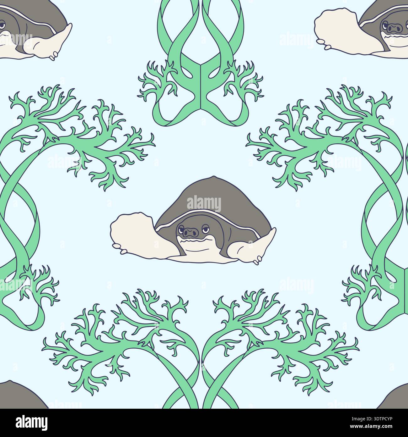 Cute sea turtles and algae coastal seamless pattern vector illustration Stock Vector