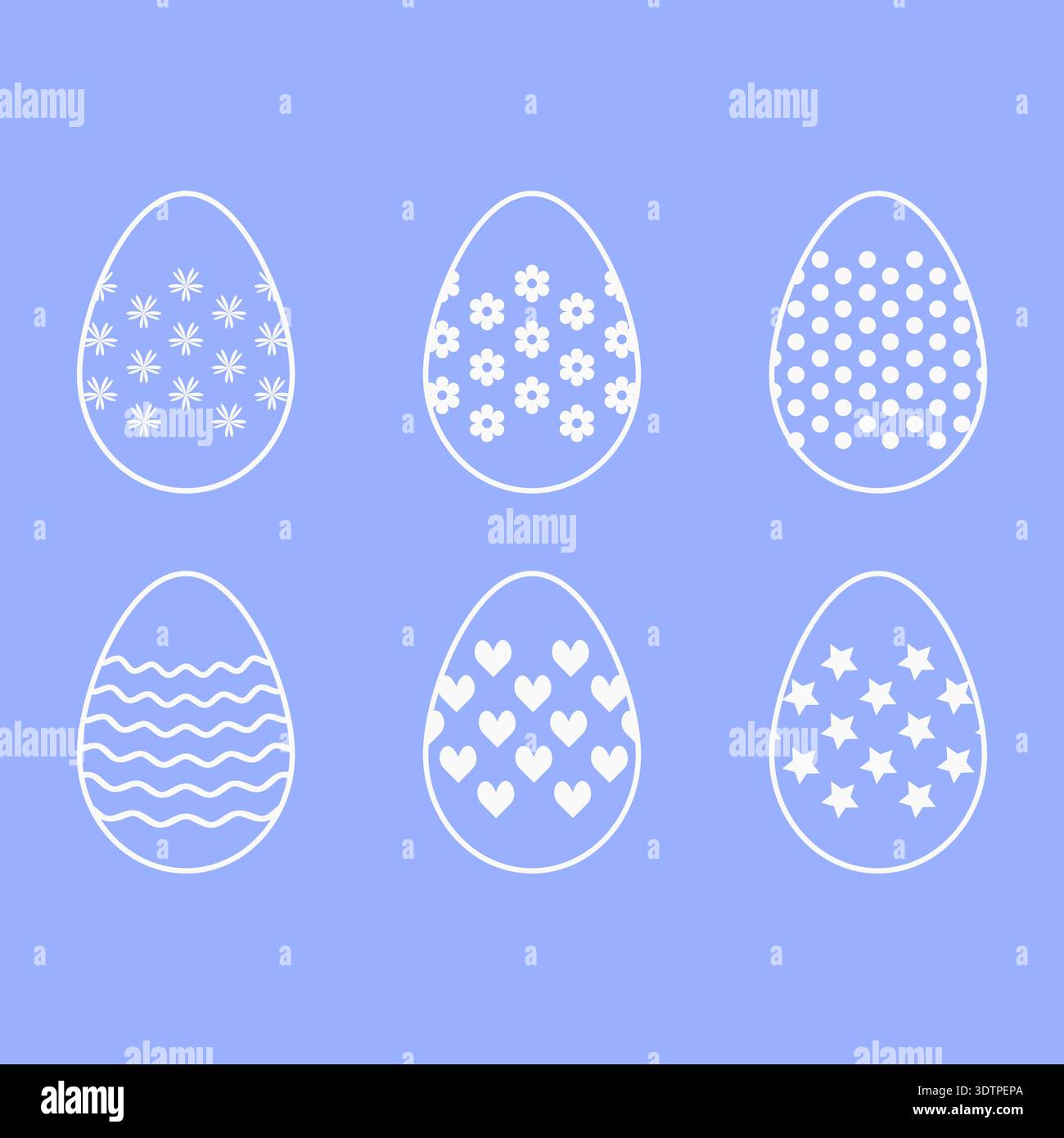 White linear Easter symbols collection on blue background vector illustration. Stock Vector