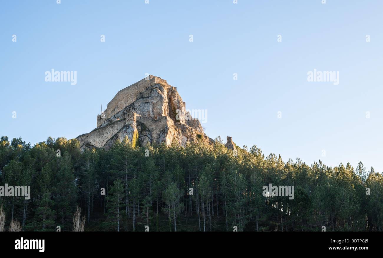 Medieval castle perched on massive cliff above pine woods Stock Photo