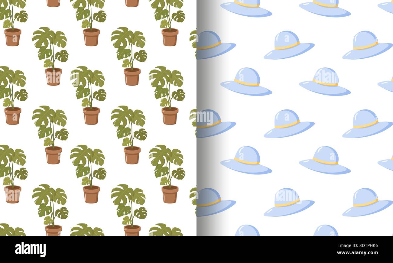 Monstera Plants Hats Split Pattern Stock Vector