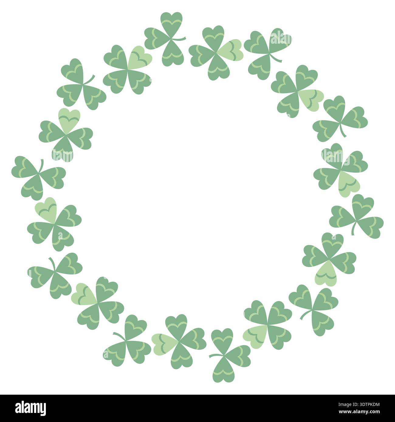 Round frame with clover leaves. Spring and summer wreath with delicate flowers. Green plant motif is perfect for cards and prints. Stock Vector