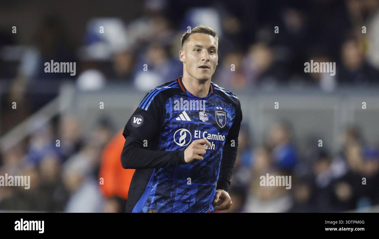 San Jose Earthquakes forward Benjamin Kikanovic (28) competes in the