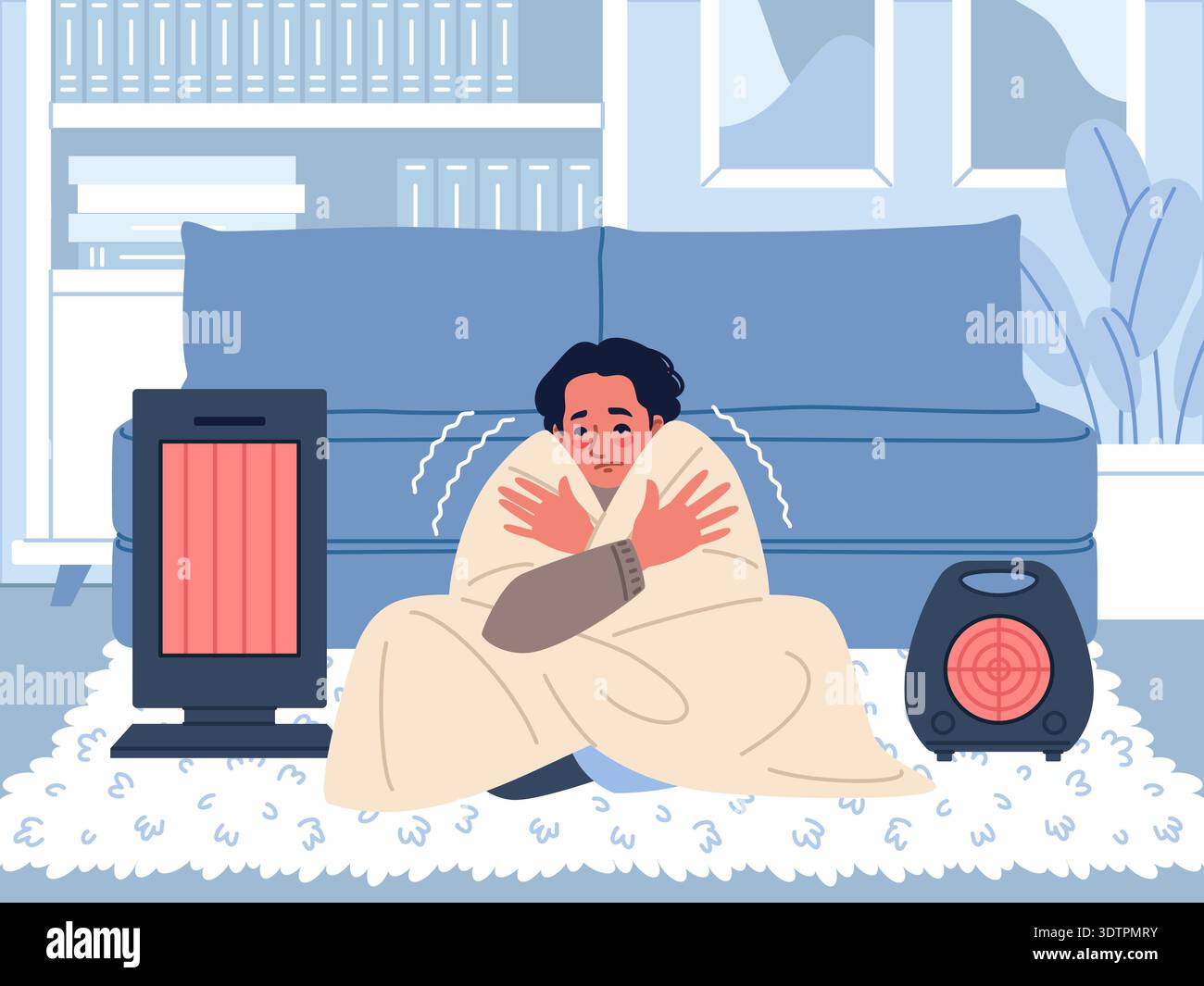 People freezing in room. Sad guy, shivering from cold, wrapped in blanket and trying to keep warm, electric heaters devices, indoor winter scene Stock Vector