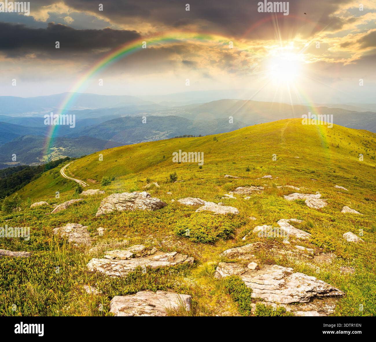 mountain landscape in summer with rocks at sunset. green grass under blue sky in dramatic evening light. alpine meadow and rolling hills with boulders Stock Photo