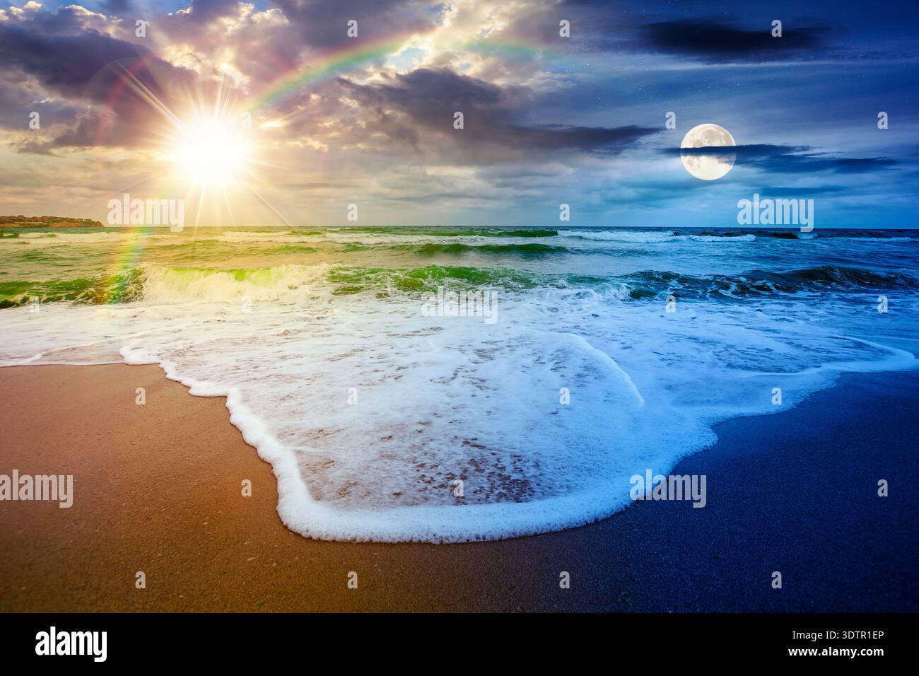 tide rolling on the sandy beach. day meet night. sun and moon over sea waves on a cloudy sky at twilight. empty calm scenery on autumn equinox. generi Stock Photo
