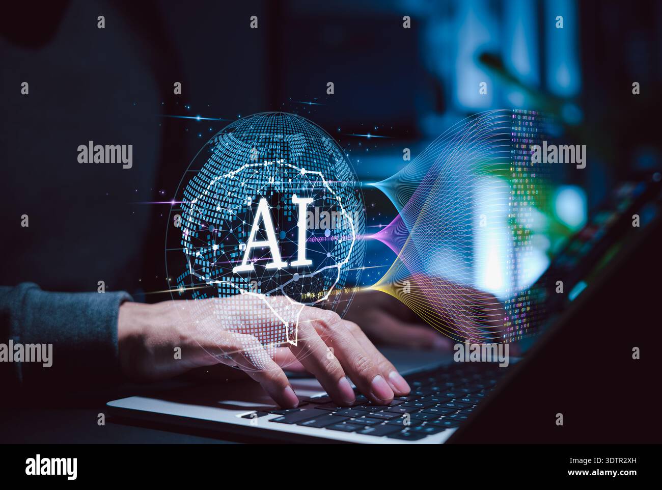 Artificial intelligence concept. A developer using laptop with AI digital globe interface representing machine learning, big data analytics, LLM, Stock Photo