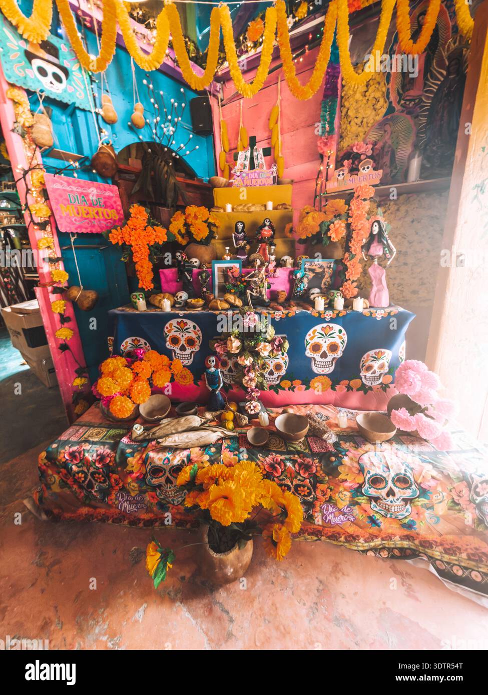 Traditional Day of the Dead altar decorated with marigolds in Holbox, Mexico. Stock Photo