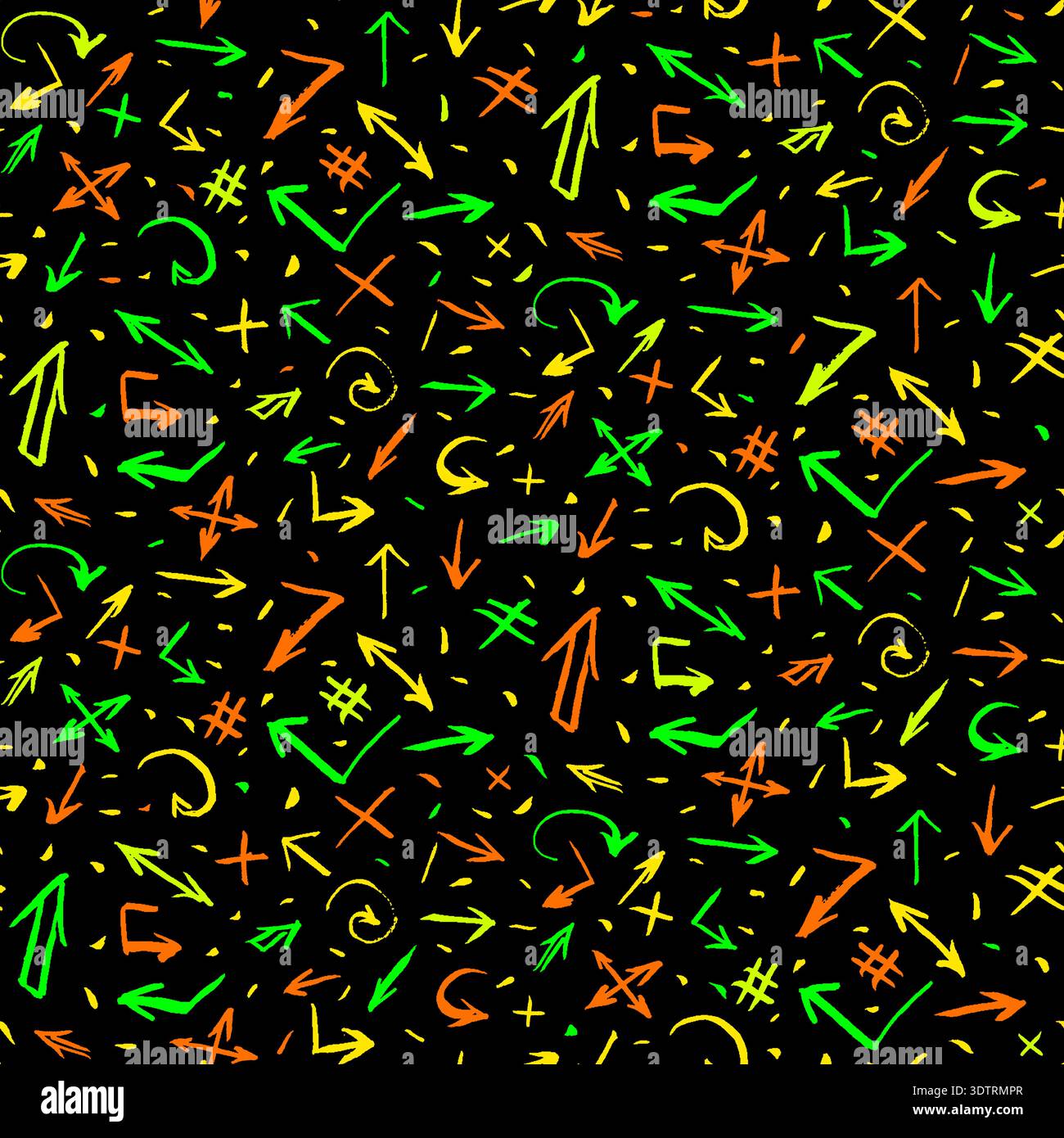 Colorful seamless grunge pattern featuring abstract shapes, waves, doodles, scribbles, geometric elements and arrows Stock Vector