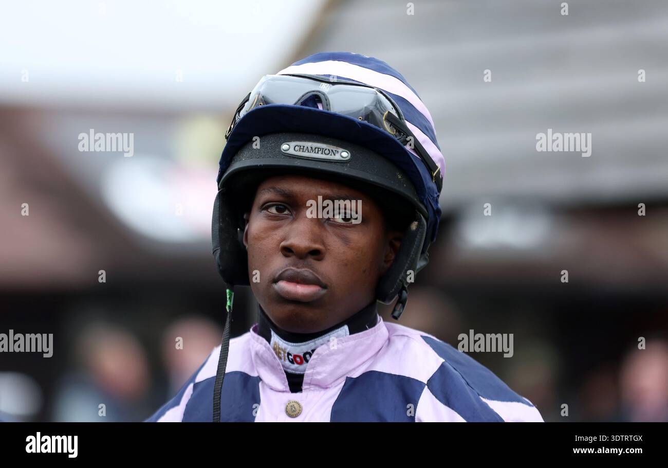 Jockey Hezekiah March before the Johnnie Boden Backs Jamie's Farm Amateur Jockeys' Handicap Chase at Plumpton Racecourse, East Sussex. Picture date: Monday February 23, 2026. Stock Photo