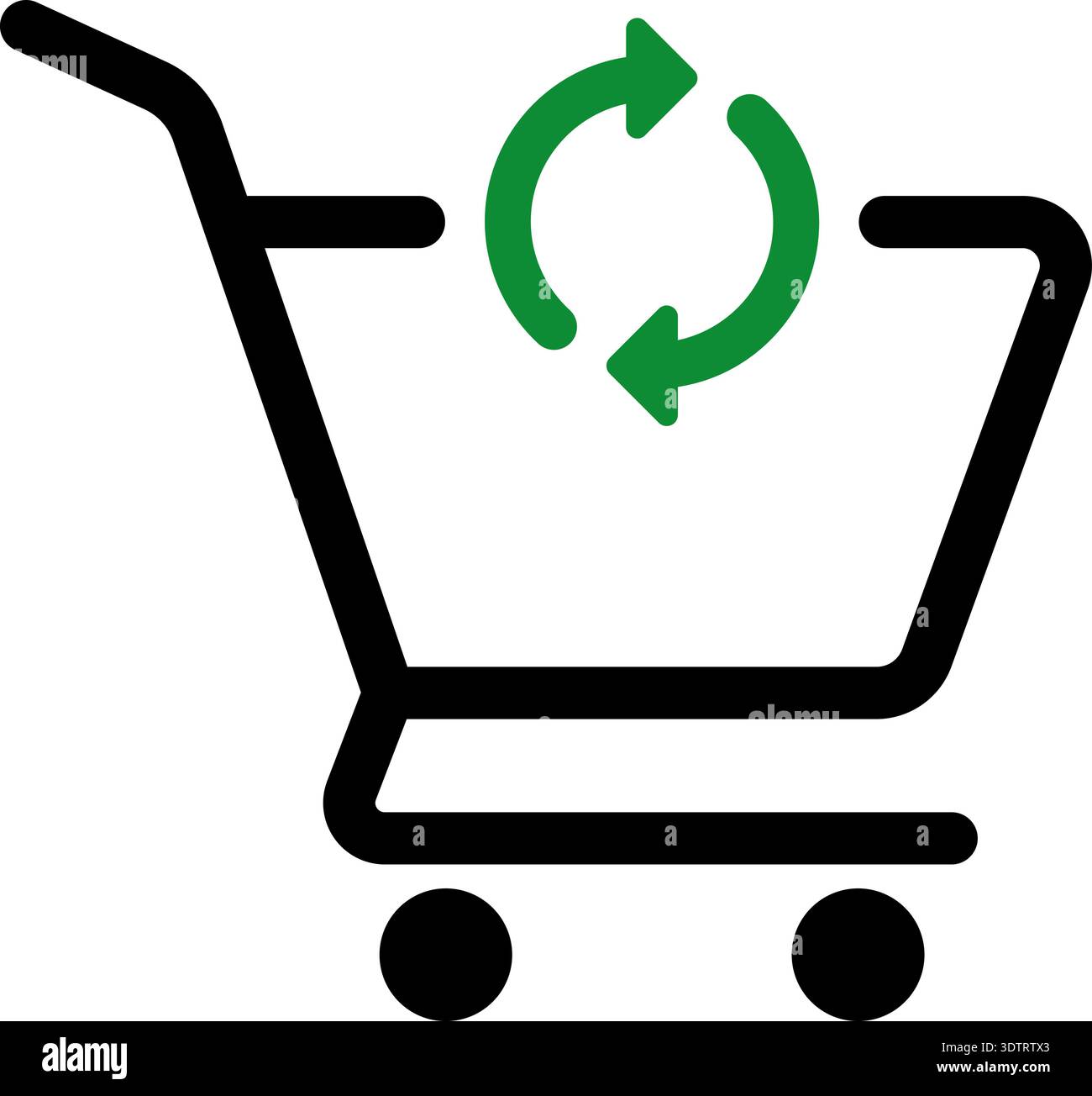 Vector cart with two circular arrows forming a cycle symbol inside, indicating recycling, refresh, or loading state in ecommerce. Stock Vector
