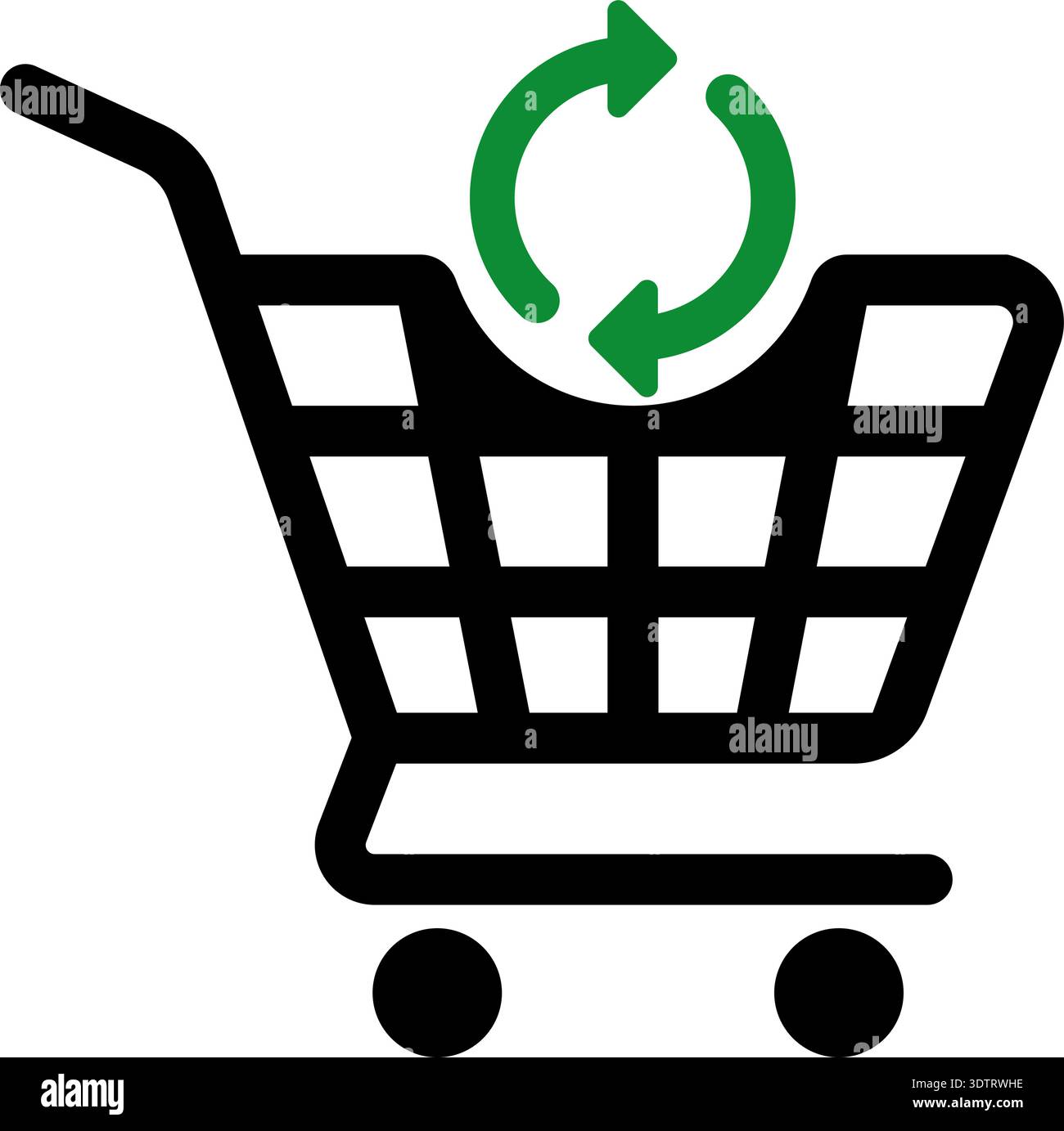 Shopping cart icon with two circular arrows indicating loading, refresh, or recycling process in ecommerce context. Stock Vector