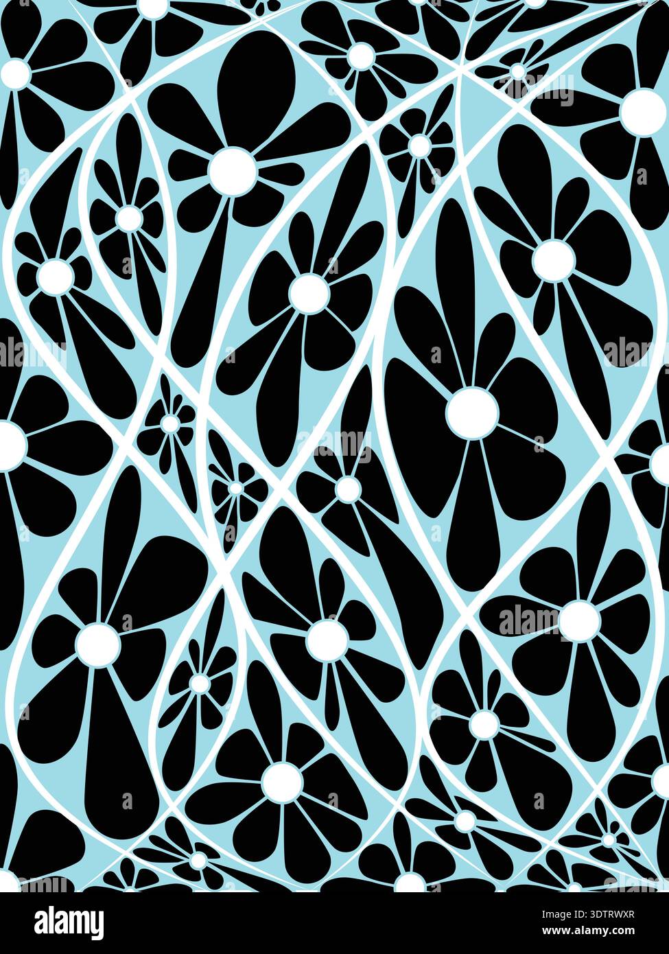 Retro floral pattern featuring abstract flowers with white circular centers on a bright turquoise background, connected by flowing curved lines Stock Vector