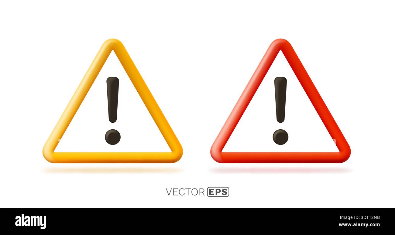Glossy 3D Warning Sign Icons. Modern yellow and red alert symbols with exclamation marks. Vector illustration Stock Vector