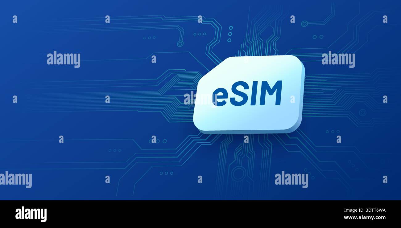 Modern eSIM digital embedded SIM card for mobile connectivity, representing advanced telecommunication and global connection. Vector illustration Stock Vector