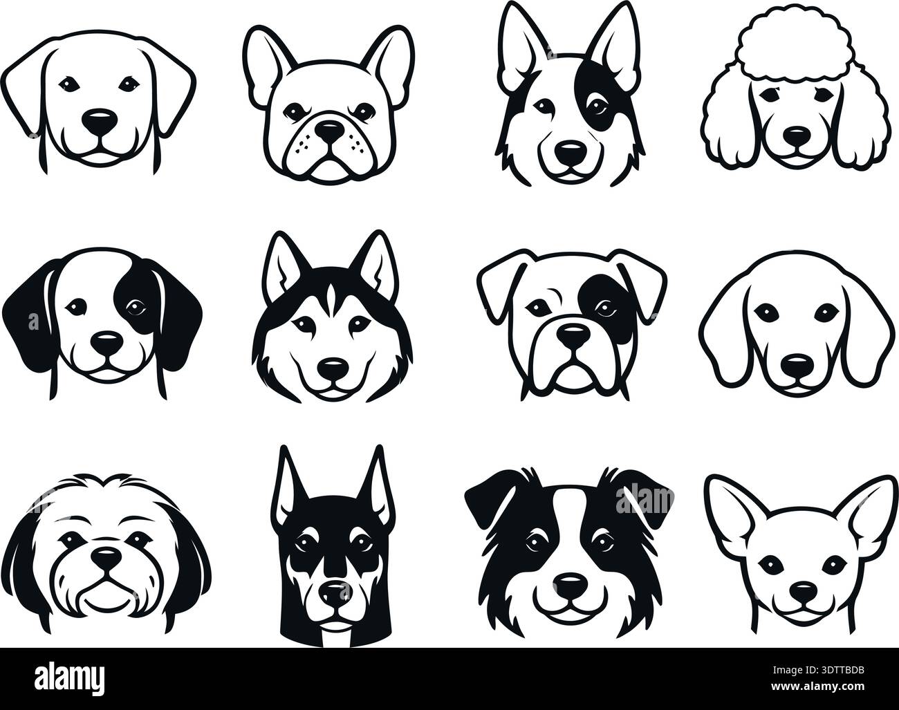 Cartoon dog heads set. Different dog breeds icons collection for pet design, kids illustrations and stickers. Stock Vector