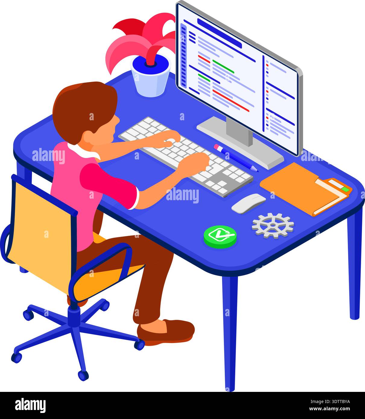 software engineer developing program. man sits at computer table and programs. developer creating program for online chat website. banner with isometr Stock Vector