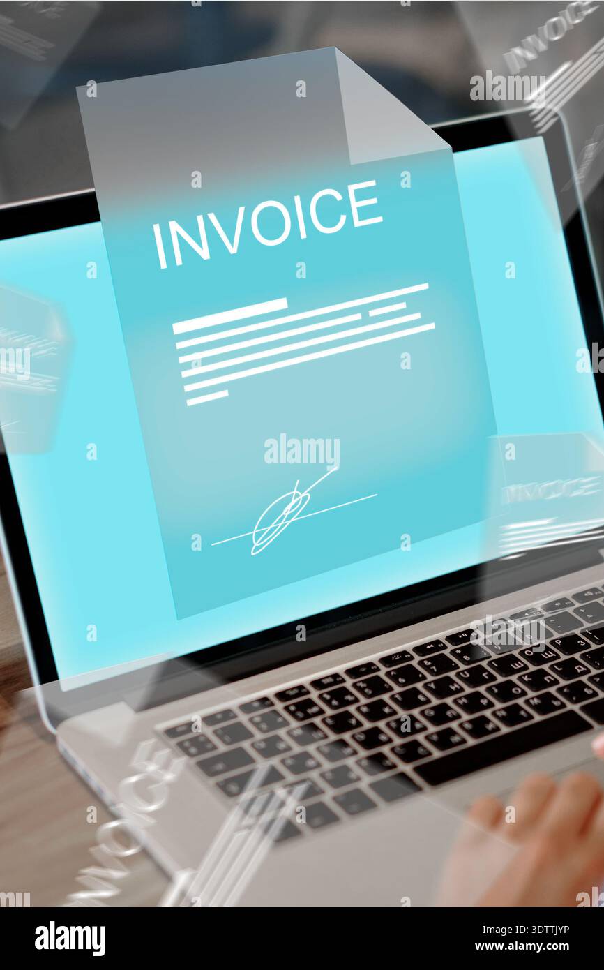 Banking invoice payment process on a laptop screen during daytime Stock Photo