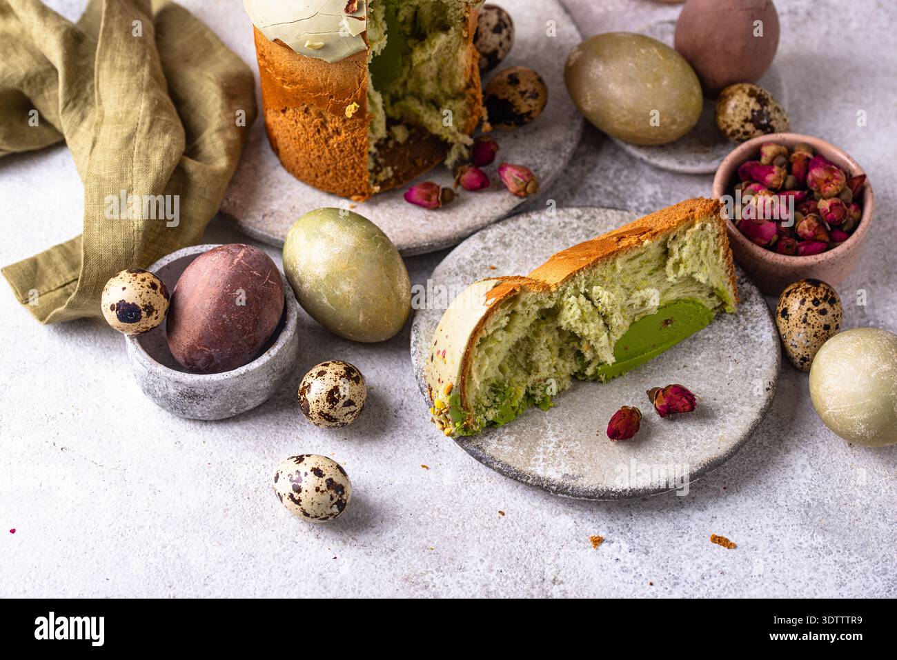 Traditional Easter cake kulich with pistachio Stock Photo