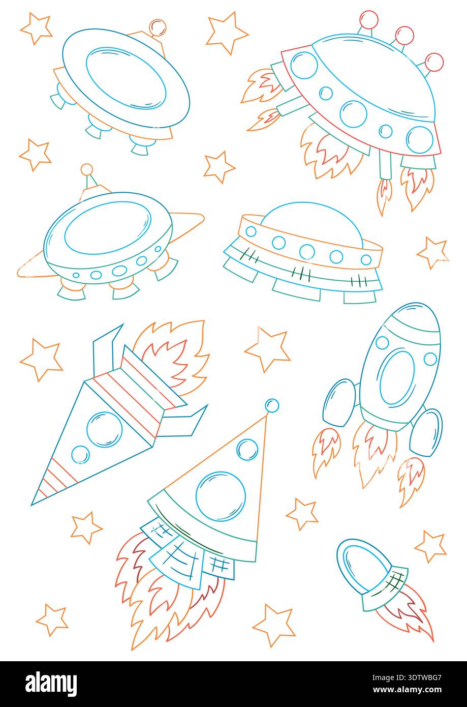 Set of colored outline space illustration with rockets, UFO and stars ...