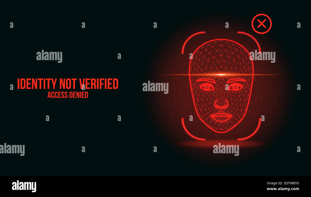 Futuristic Red Face Recognition Interface Displaying Identity Not Verified Access Denied Stock Vector