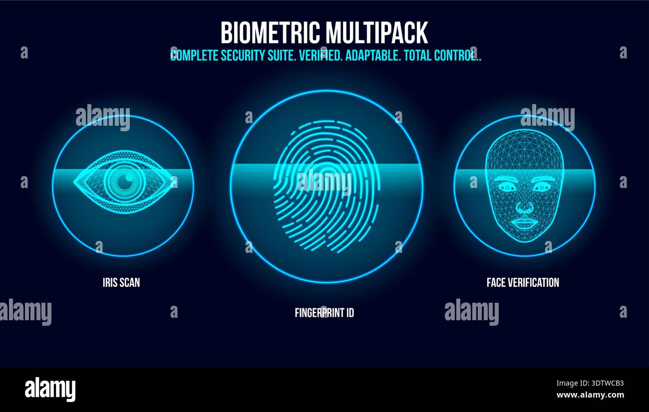 Biometric Multipack Iris Scan, Fingerprint ID, and Face Verification Digital Interface Stock Vector