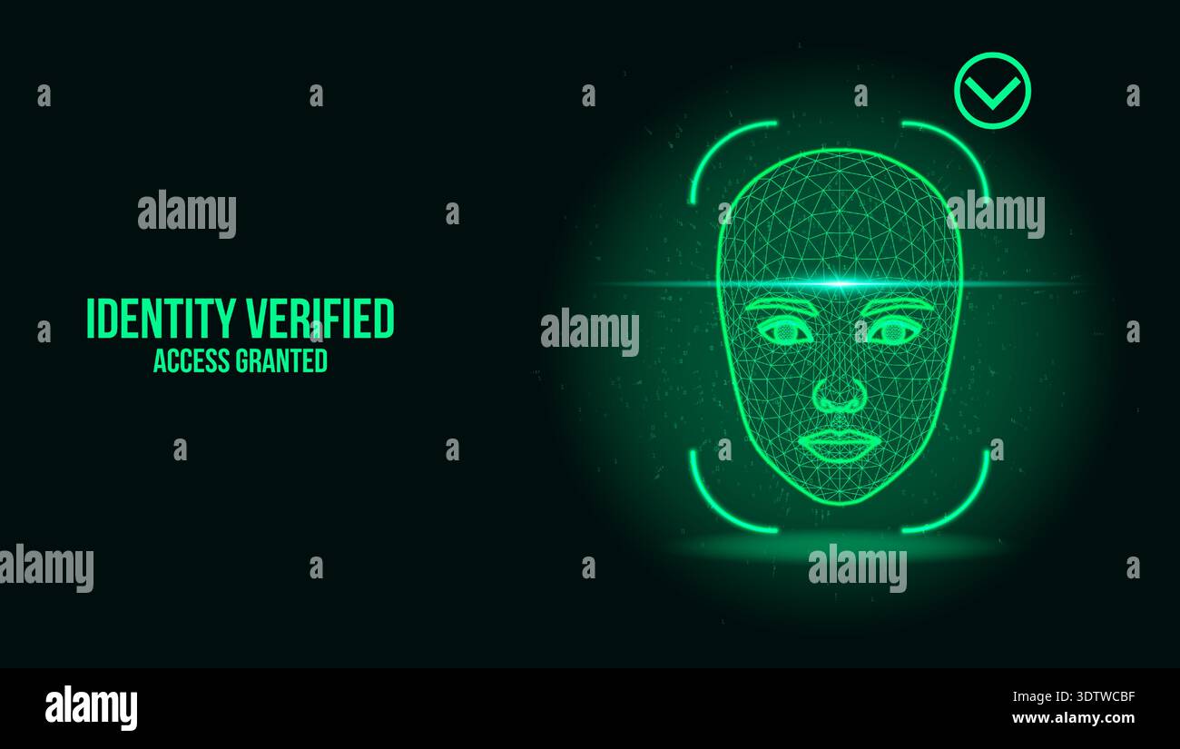 Futuristic Face Recognition Biometric Security Interface with Green Wireframe Mesh Stock Vector