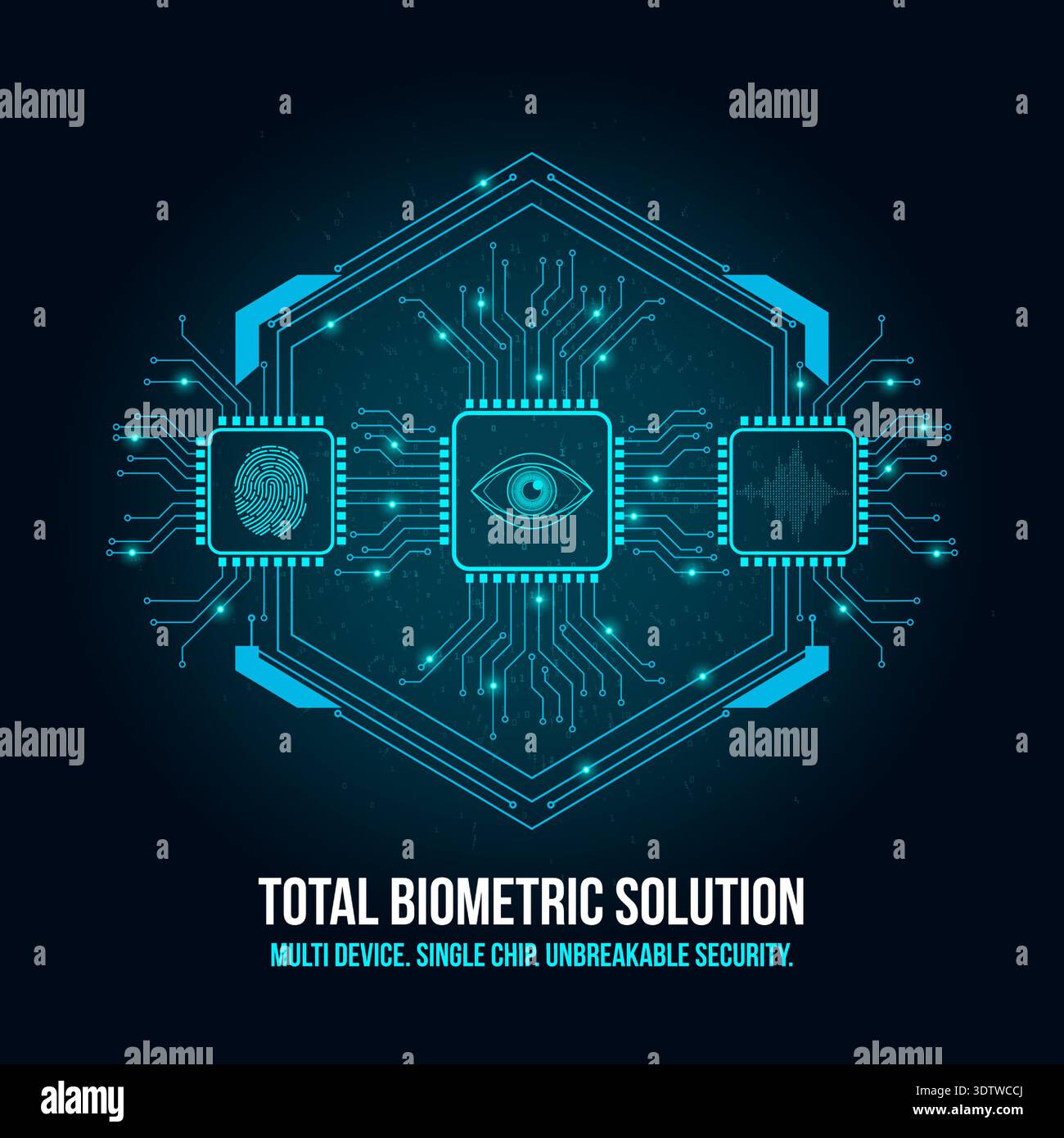 Total Biometric Solution Integrated Microchip for Fingerprint, Iris, and Voice Authentication Stock Vector
