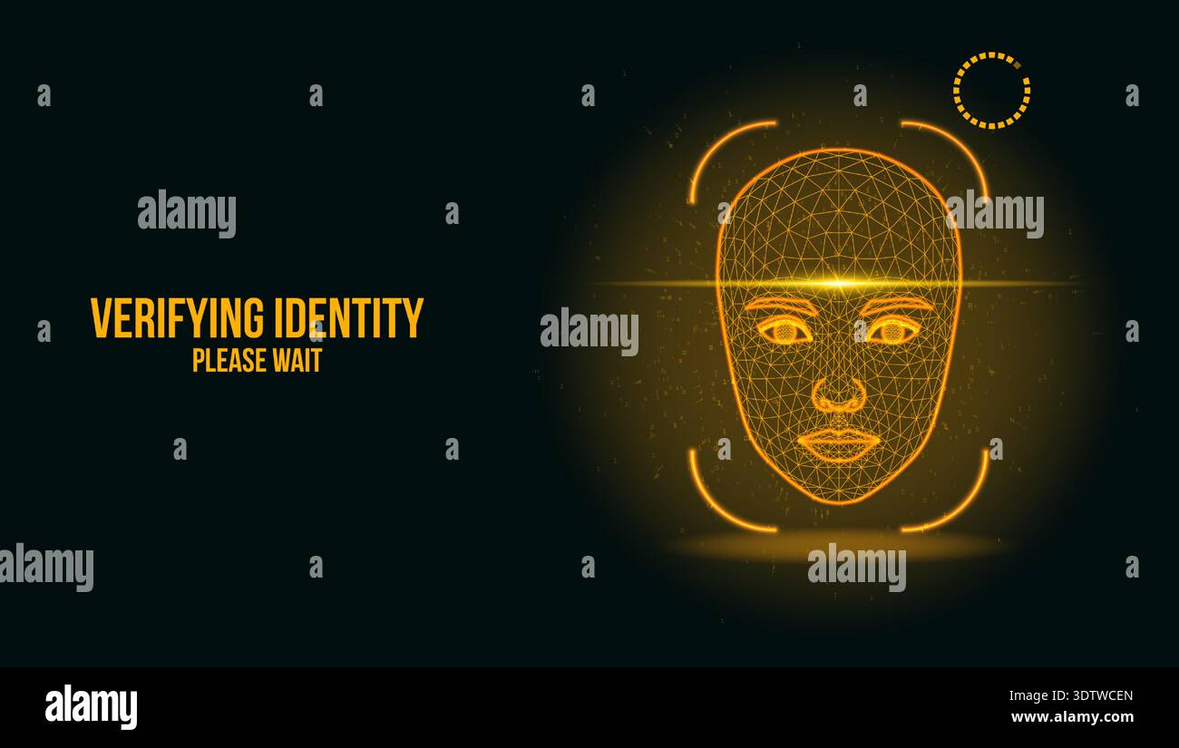 Scan Sign Yellow A glowing yellow digital face scanner displaying VERIFYING IDENTITY ...