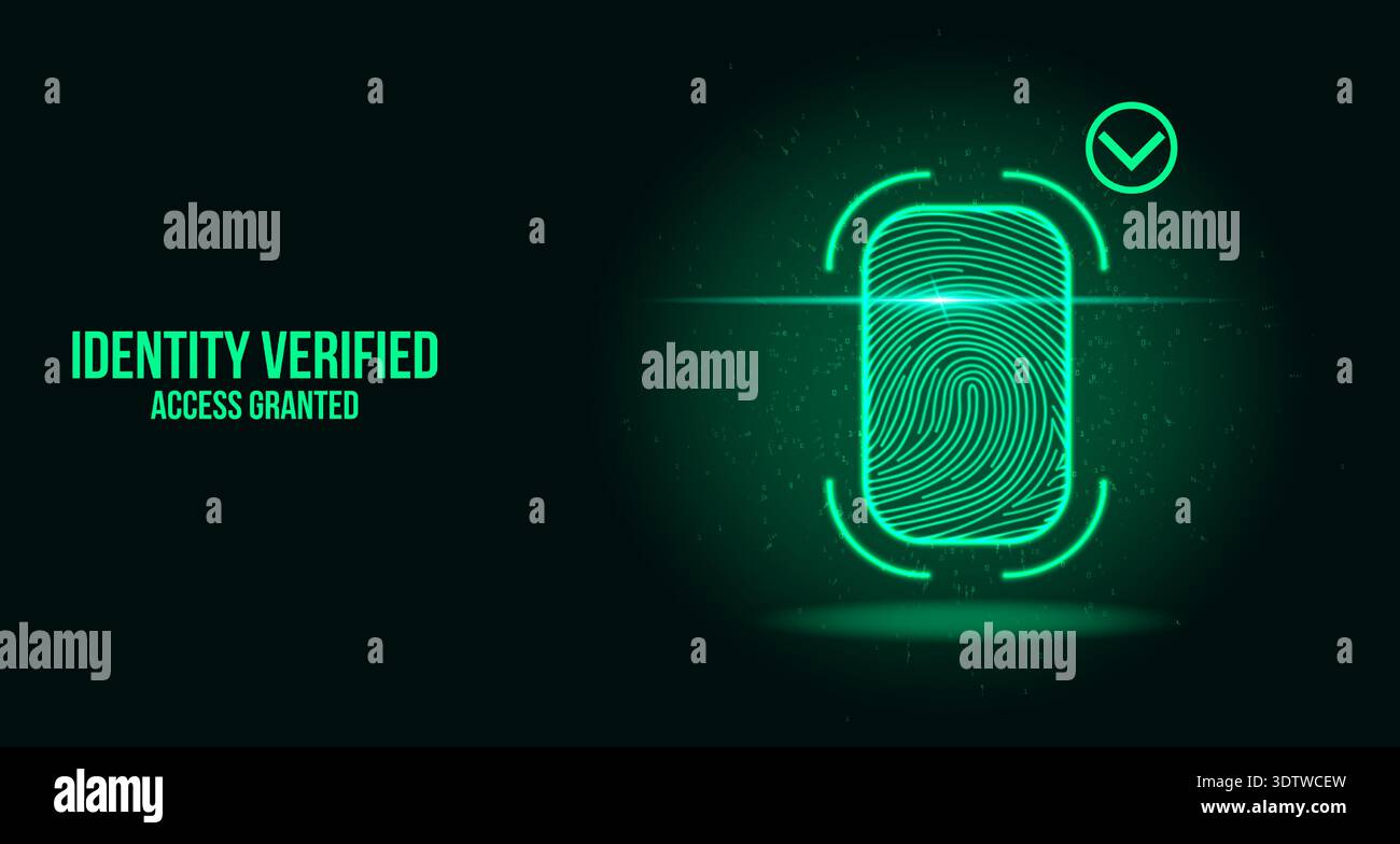 A glowing green digital fingerprint scanner displaying IDENTITY ...