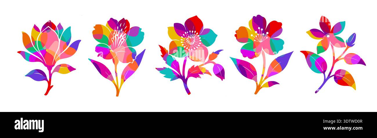 set Colorful flowers on a white background. Hand drawn. Not AI, vector illustration Stock Vector