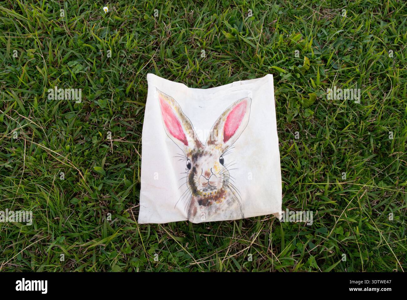 Totebag with decorative easter bunny. Handpainted Stock Photo