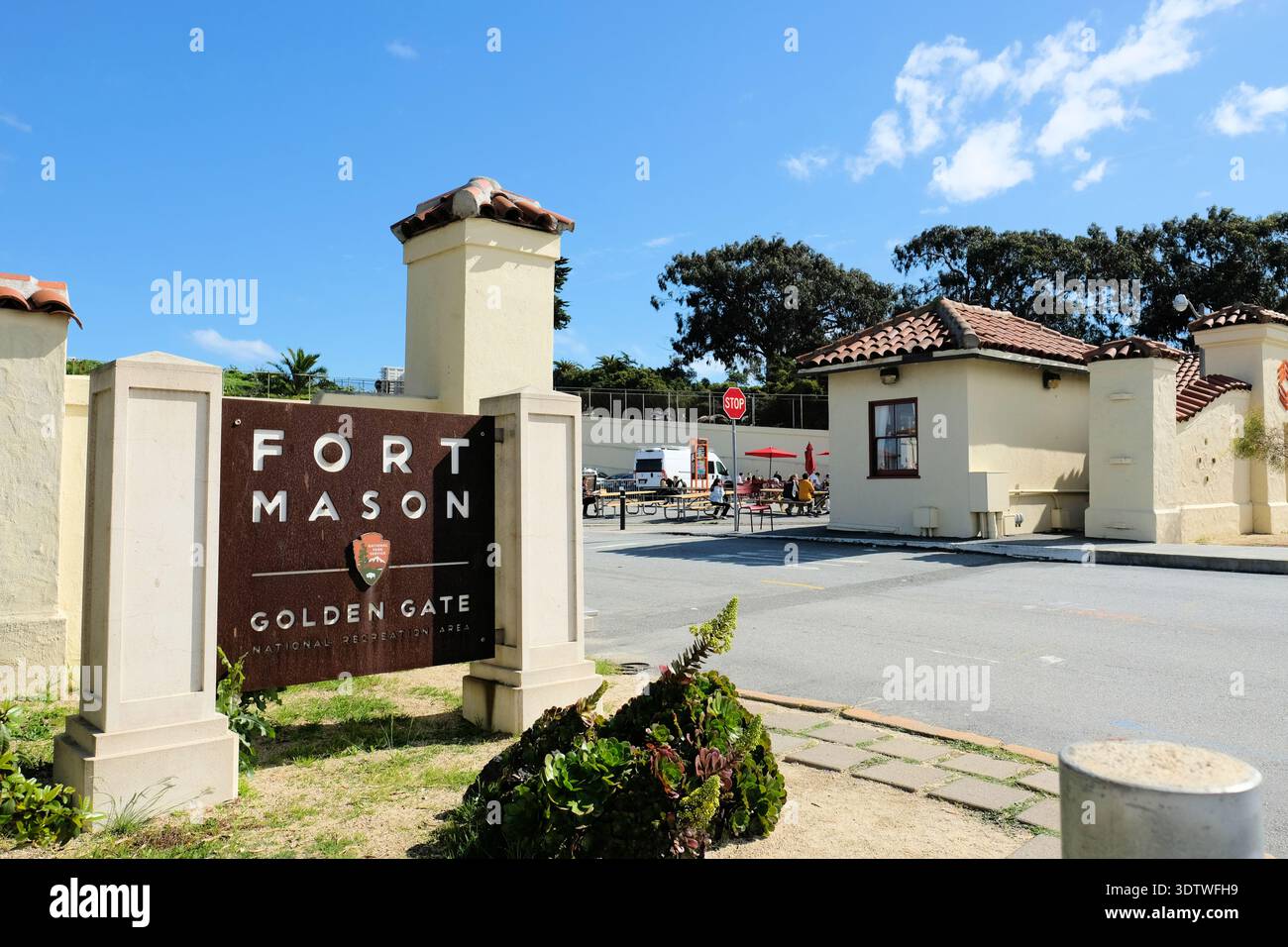 Sign at the entrance to Fort Mason near Fort Mason Center; San Francisco, California; part of the Golden Gate National Recreation Area Stock Photo