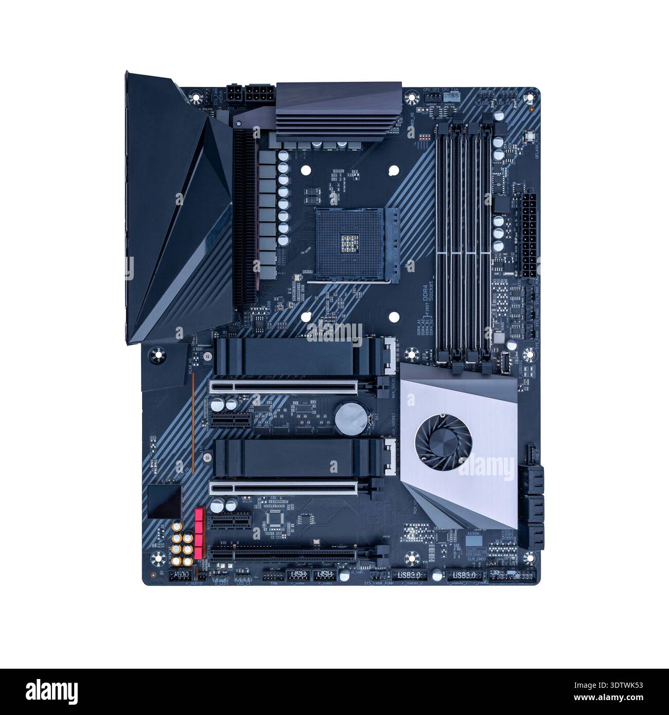 Full size desktop motherboard isolated on white background without processor, modern computer hardware platform for gaming and workstation systems Stock Photo
