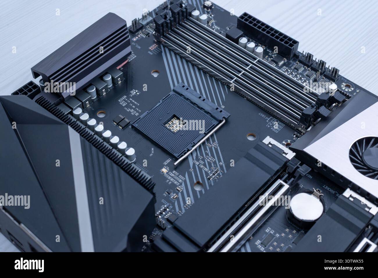 Close up of empty processor socket on desktop motherboard, computer hardware upgrade and pc building concept Stock Photo