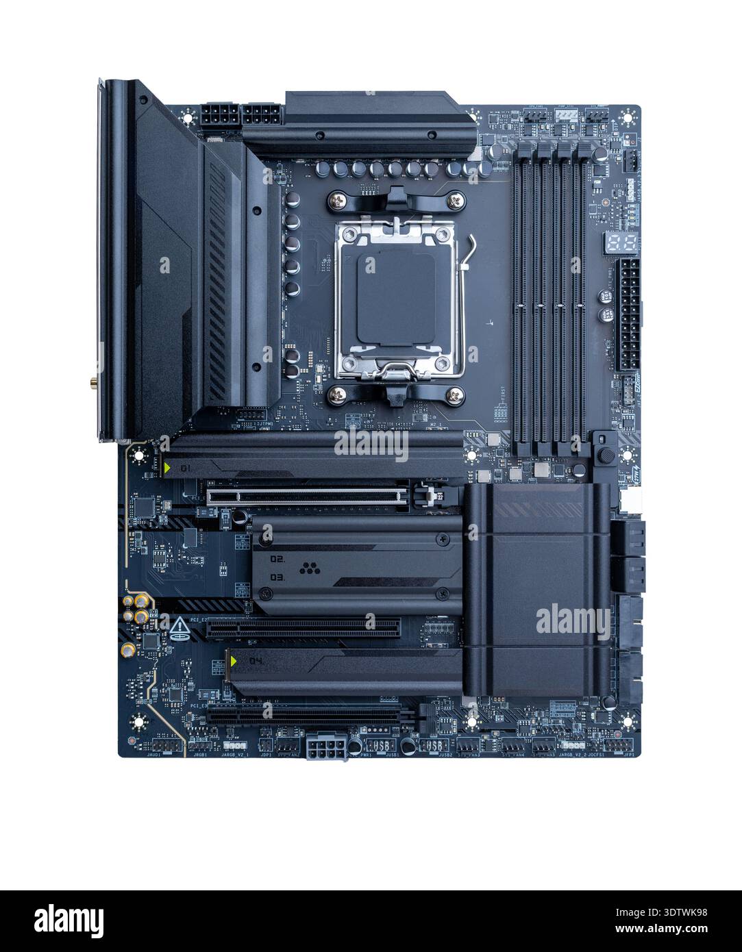 Full size modern motherboard isolated on white background, computer hardware platform for gaming, workstation and high performance computing systems Stock Photo