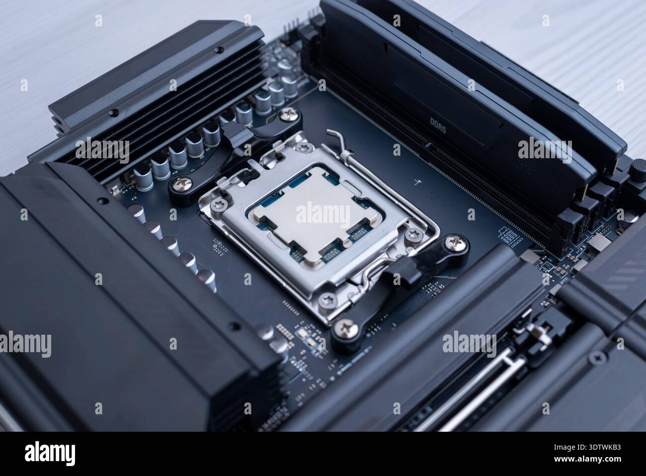 Modern desktop processor mounted in motherboard socket, high ...