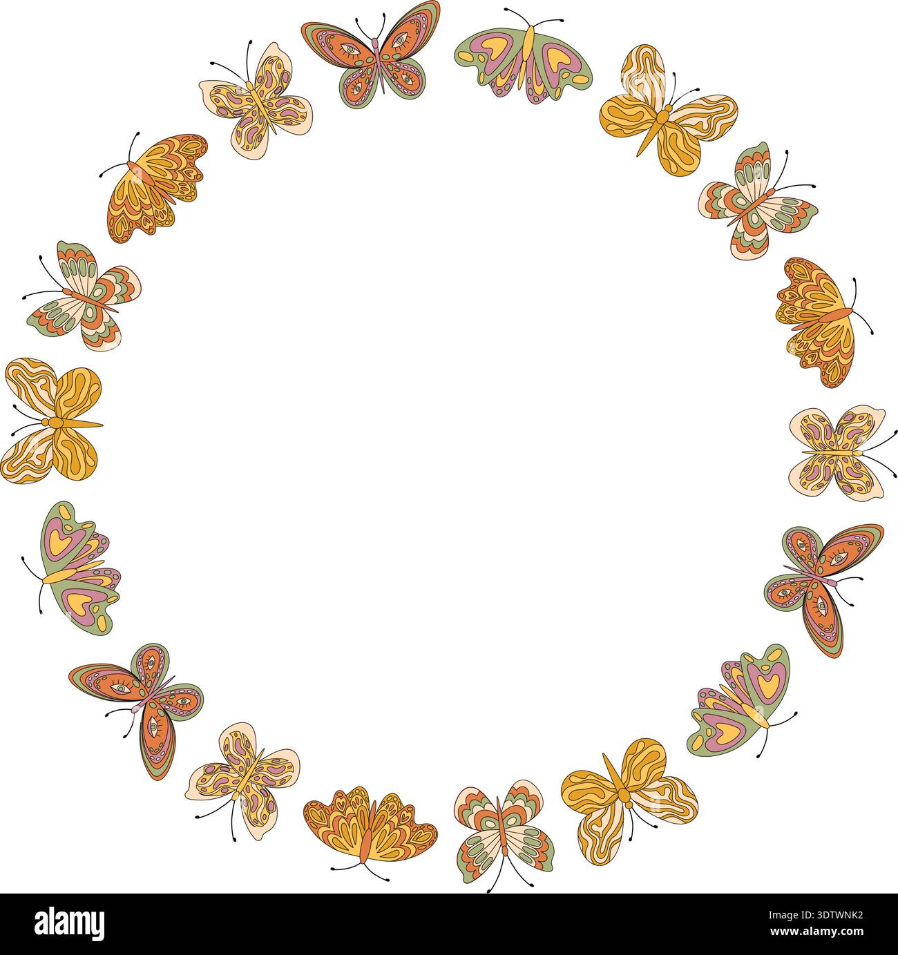 Groovy Retro Butterfly Circle Border Frame Seamless Pattern Stock Vector
