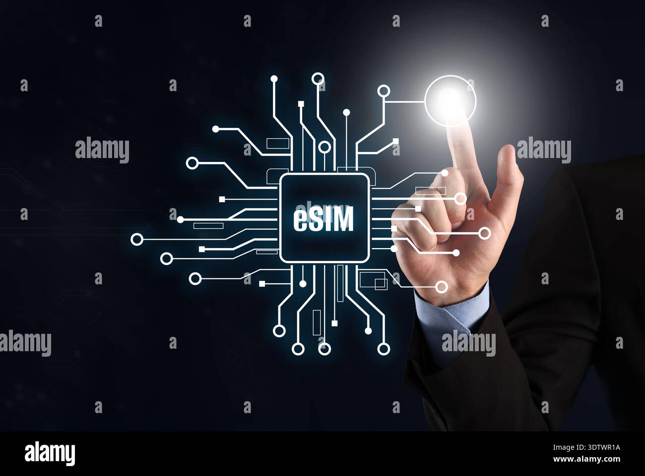 Businessman activating eSIM microchip on virtual screen, closeup. Black background Stock Photo