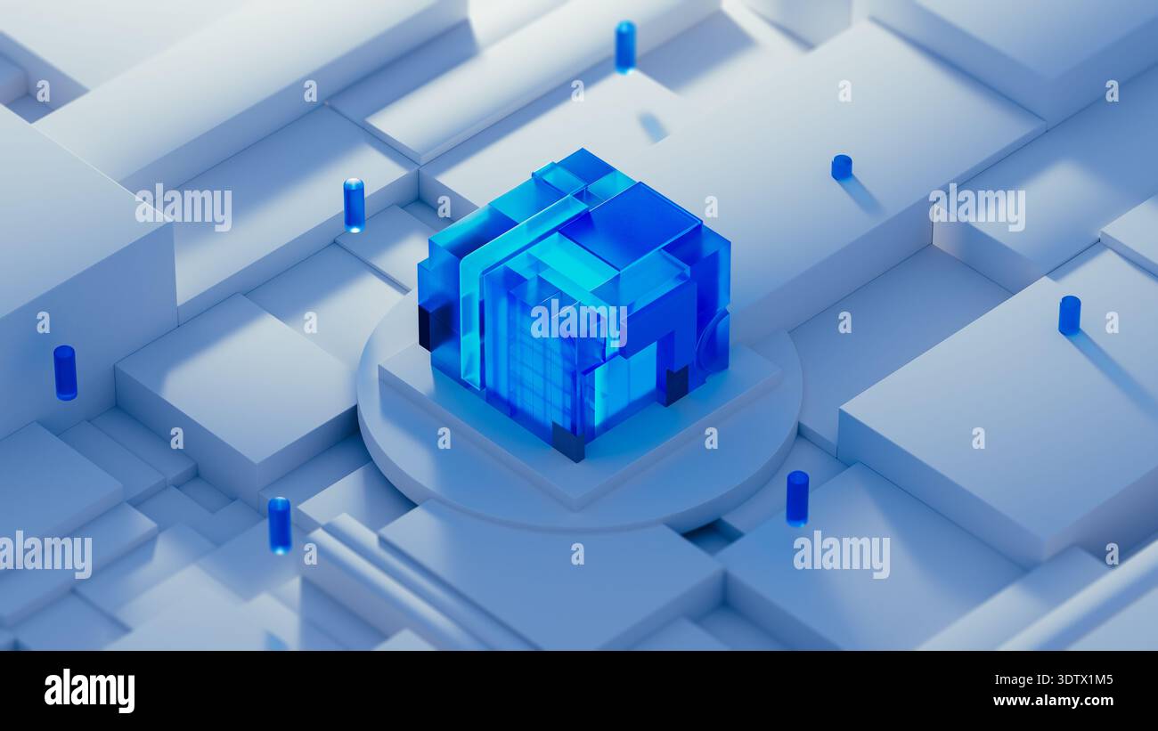 A technology cube sits in the center of a data layout. Blue elements surround it. The design highlights information processing with AI focus. Stock Photo
