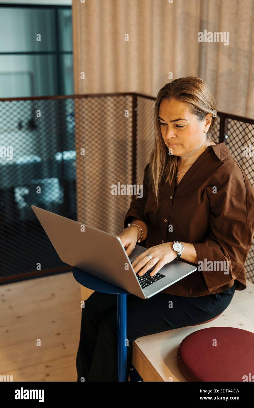 Mature female entrepreneur using laptop while sitting and working at modern office Stock Photo