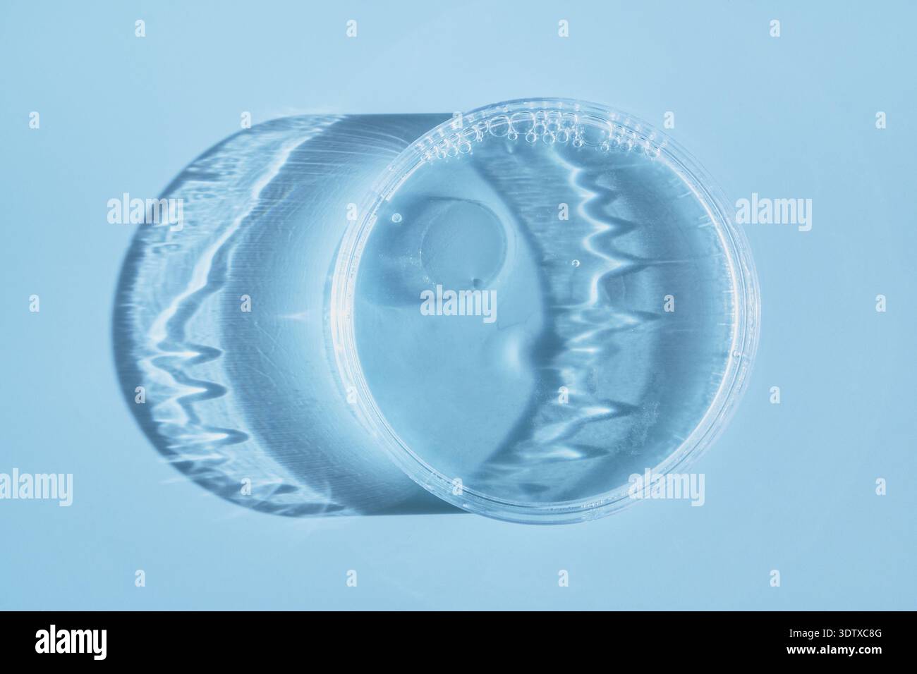 Petri dish holding clear liquid casting rippling shadows on blue background Stock Photo