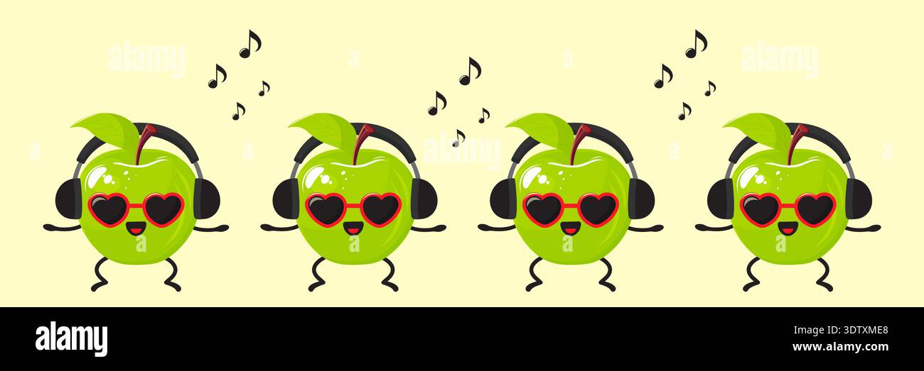 funny green apple characters dancing in headphones vector illustration. Stock Vector