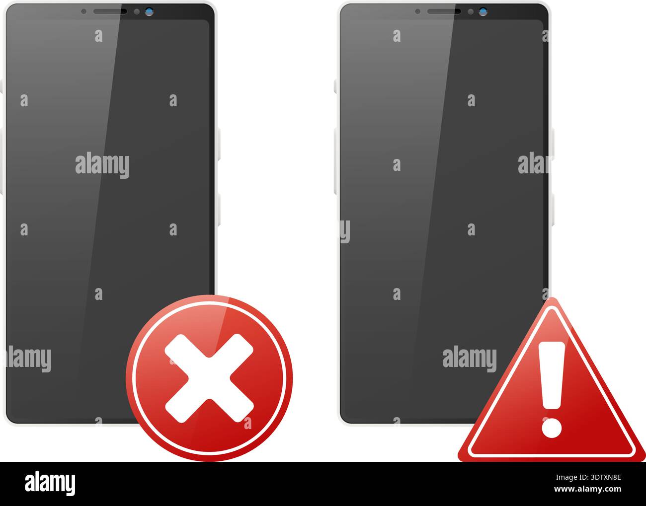 Realistic mobile phone with warning and error signs. Red attention ...