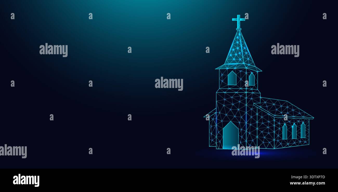 Low poly wireframe church building on dark blue background. Stock Vector