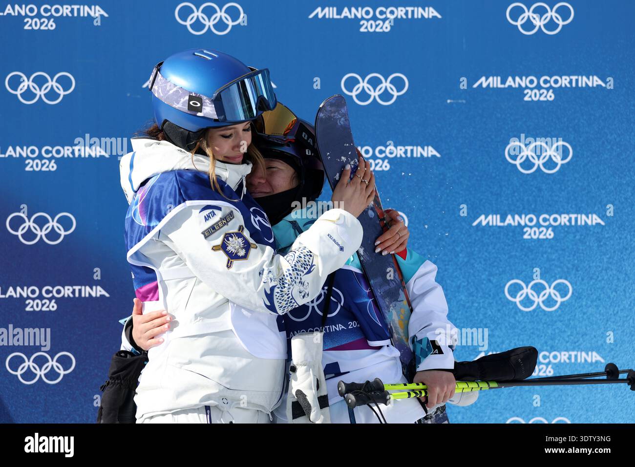 Gu Ailing (left) embraces her teammate Li Fanghui, Feb 22, 2026 ...